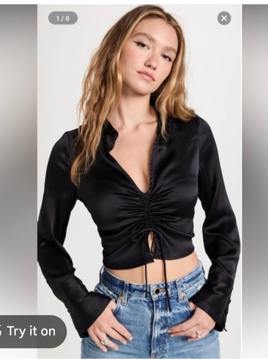 Free People Tops - Free People Black Satin Ruched Tie Front Crop Blouse Long Sleeve S/P Y2K